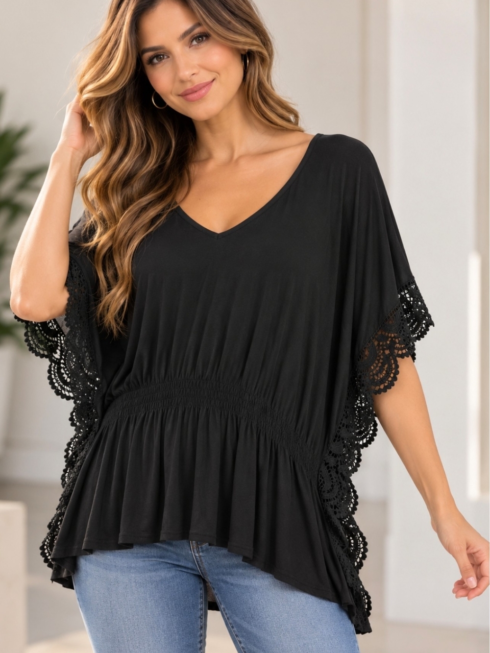 American Rag Cie Women’s 2X Black V-Neck Lace Sleeve Peplum Blouse Top